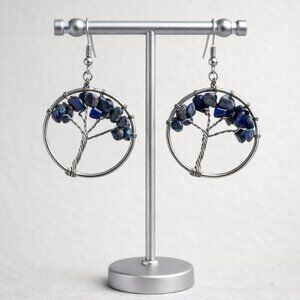 Set of 2 – Tree of Life Wire-Wrapped Earrings | Blue & Gray Chip Stone Dangles